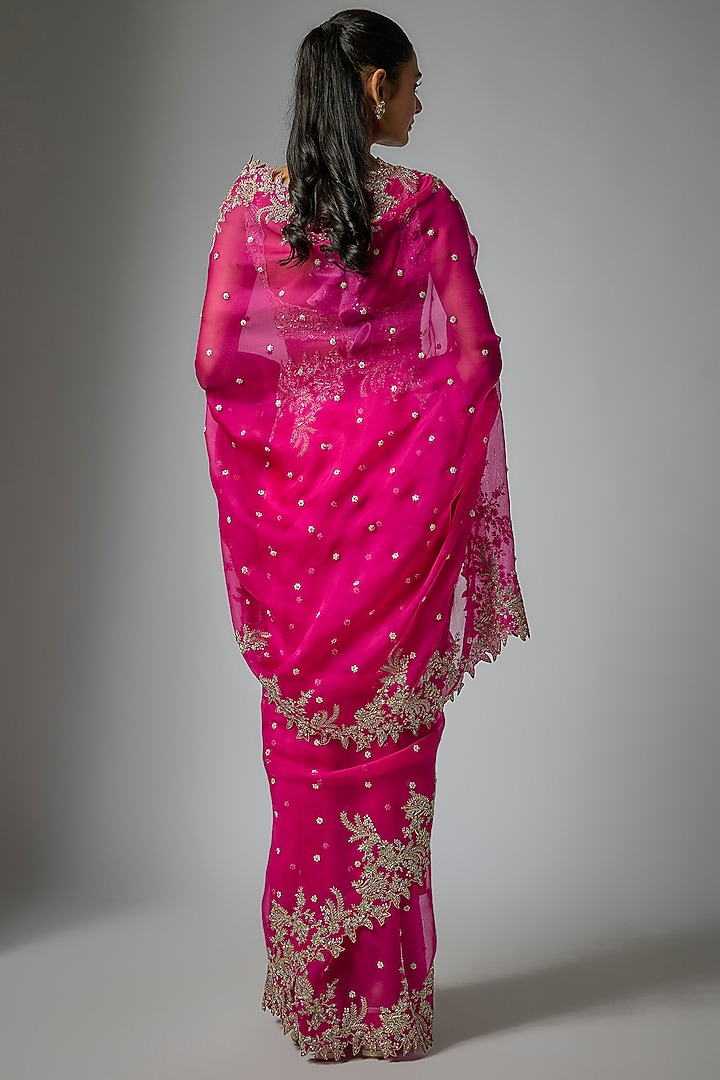 Hot Pink Organza Hand Embroidered Bridal Saree Set by Anushree Reddy at Pernia's Pop Up Shop