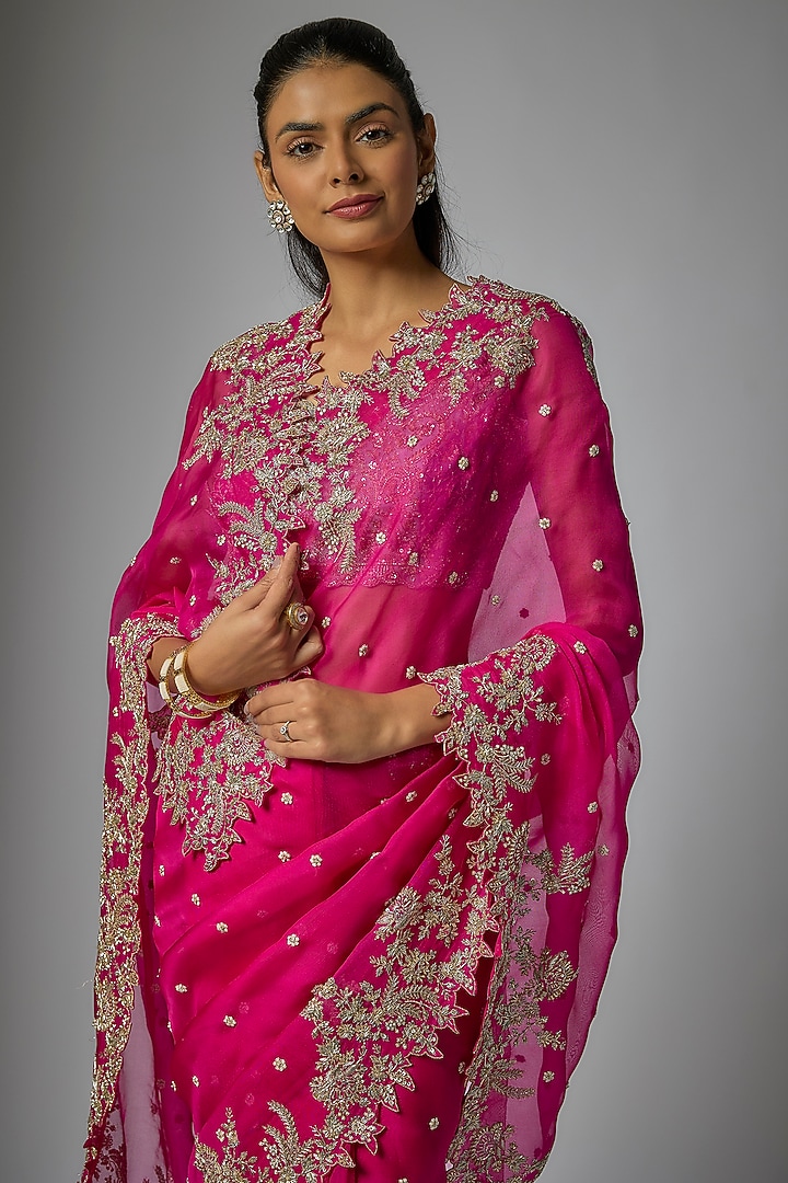 Hot Pink Organza Hand Embroidered Bridal Saree Set by Anushree Reddy at Pernia's Pop Up Shop