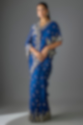 Navy Blue Organza Hand Embroidered Bridal Saree Set by Anushree Reddy at Pernia's Pop Up Shop