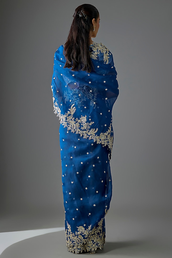 Navy Blue Organza Hand Embroidered Bridal Saree Set by Anushree Reddy at Pernia's Pop Up Shop