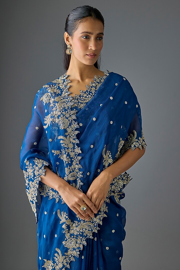 Navy Blue Organza Hand Embroidered Bridal Saree Set by Anushree Reddy at Pernia's Pop Up Shop