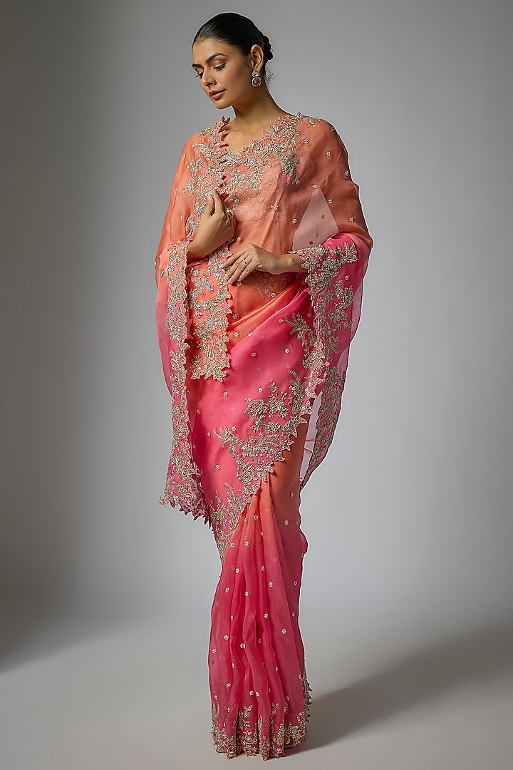 Multi-Colored Organza Hand Embroidered Bridal Saree Set by Anushree Reddy at Pernia's Pop Up Shop