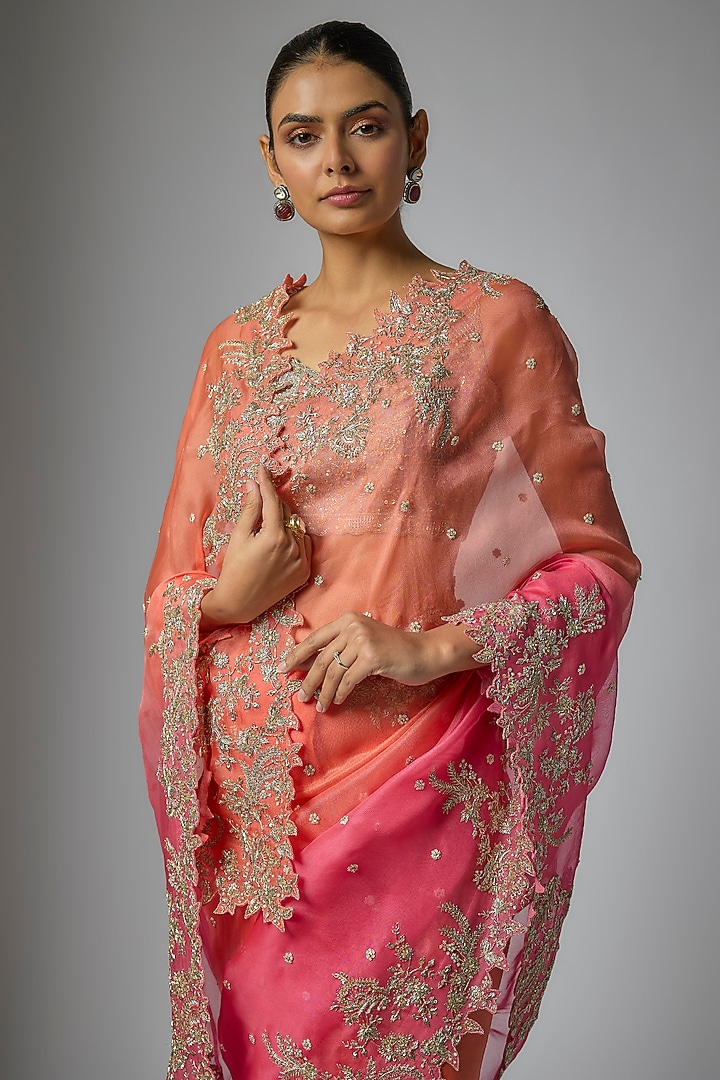 Multi-Colored Organza Hand Embroidered Bridal Saree Set by Anushree Reddy at Pernia's Pop Up Shop