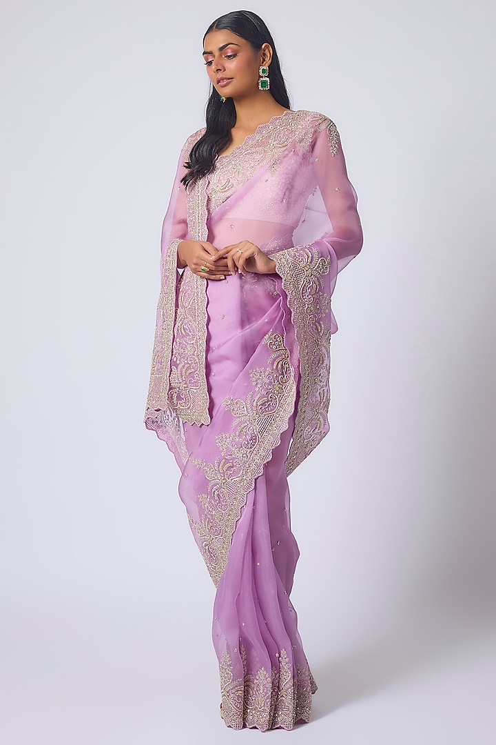 Lavender Organza Hand Embroidered Bridal Saree Set by Anushree Reddy at Pernia's Pop Up Shop