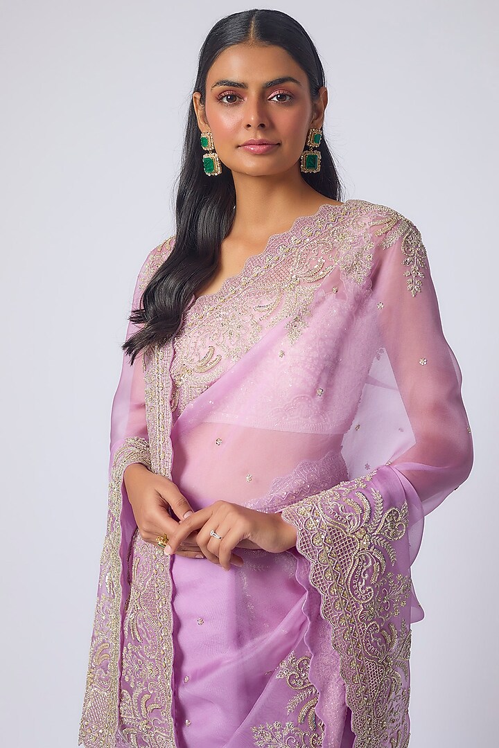 Lavender Organza Hand Embroidered Bridal Saree Set by Anushree Reddy at Pernia's Pop Up Shop