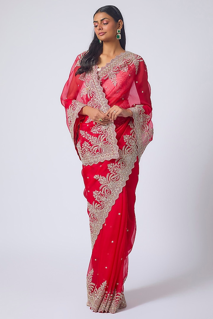 Red Organza Hand Embroidered Bridal Saree Set by Anushree Reddy at Pernia's Pop Up Shop