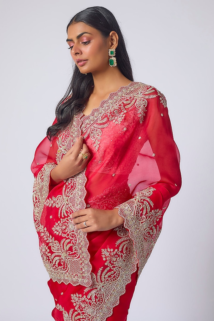 Red Organza Hand Embroidered Bridal Saree Set by Anushree Reddy at Pernia's Pop Up Shop