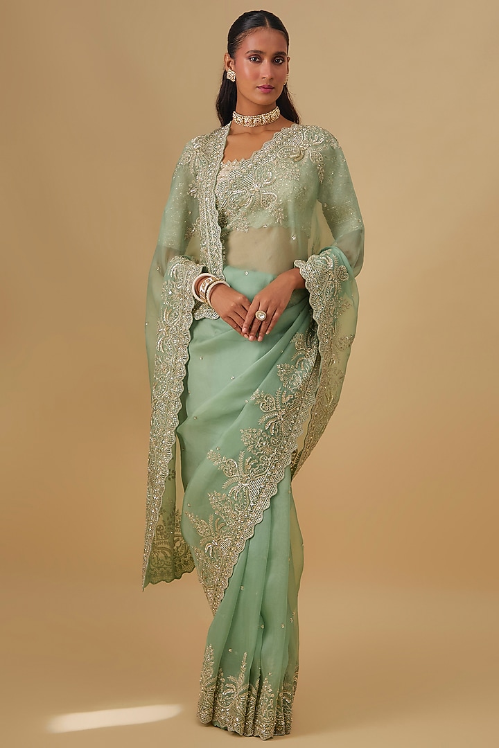 Sea Green Organza Hand Embroidered Ombre Bridal Saree Set by Anushree Reddy at Pernia's Pop Up Shop