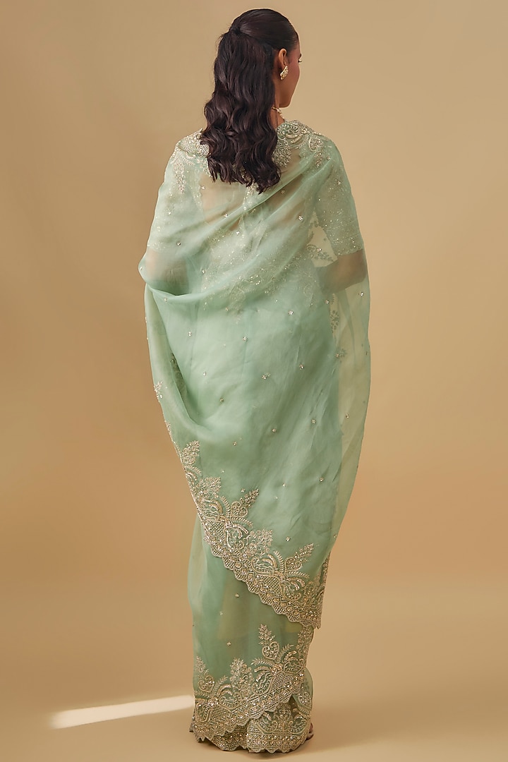 Sea Green Organza Hand Embroidered Ombre Bridal Saree Set by Anushree Reddy at Pernia's Pop Up Shop