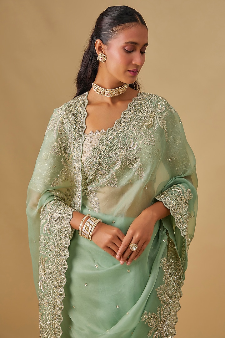 Sea Green Organza Hand Embroidered Ombre Bridal Saree Set by Anushree Reddy at Pernia's Pop Up Shop