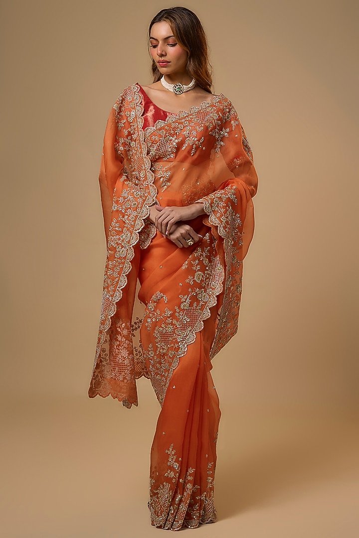 Orange Organza Hand Embroidered Bridal Saree Set by Anushree Reddy at Pernia's Pop Up Shop