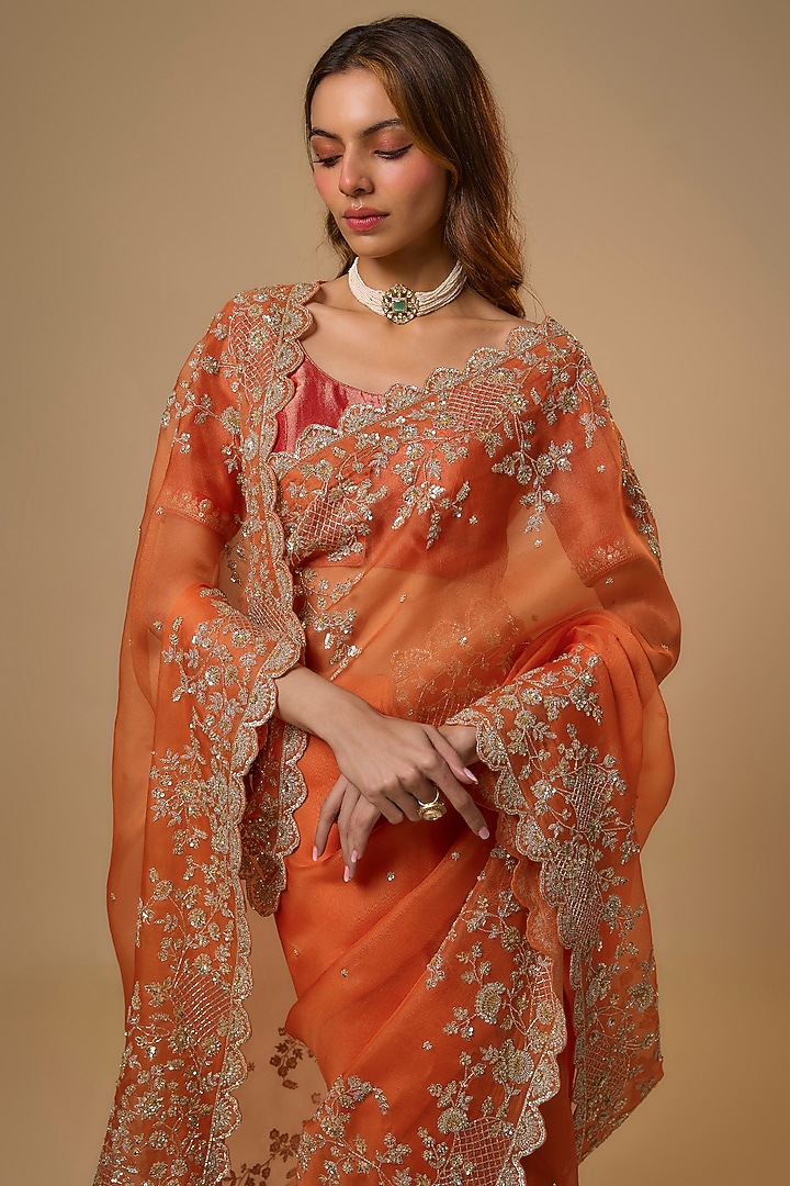 Orange Organza Hand Embroidered Bridal Saree Set by Anushree Reddy at Pernia's Pop Up Shop