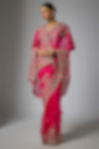 Cherry Red Organza Hand Embroidered Bridal Saree Set by Anushree Reddy at Pernia's Pop Up Shop