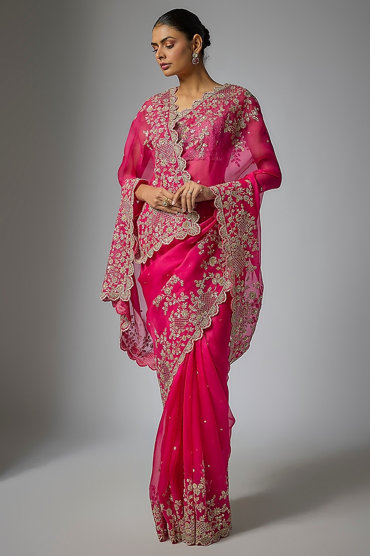 Cherry Red Organza Hand Embroidered Bridal Saree Set by Anushree Reddy at Pernia's Pop Up Shop