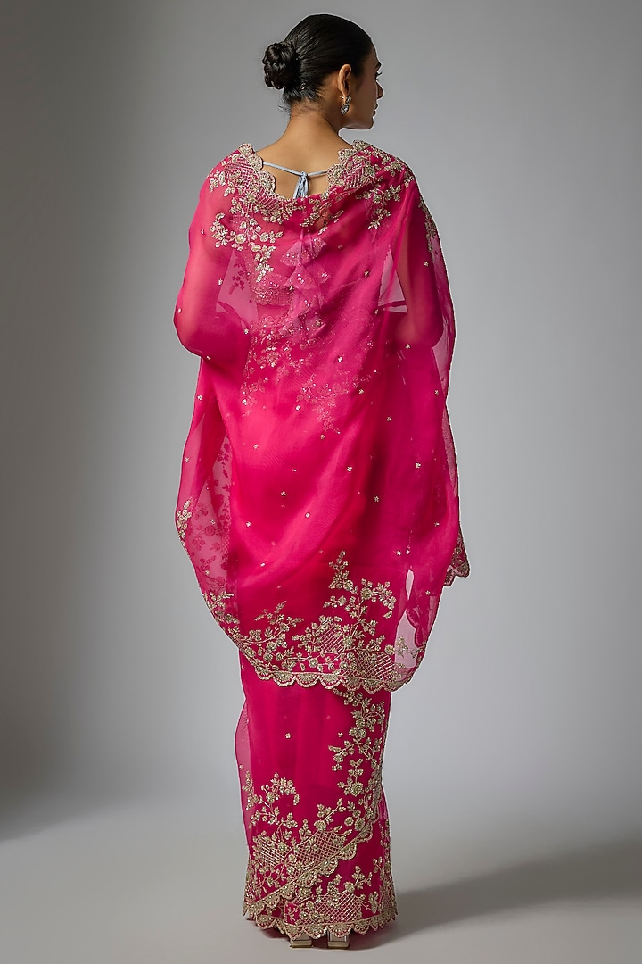 Cherry Red Organza Hand Embroidered Bridal Saree Set by Anushree Reddy at Pernia's Pop Up Shop