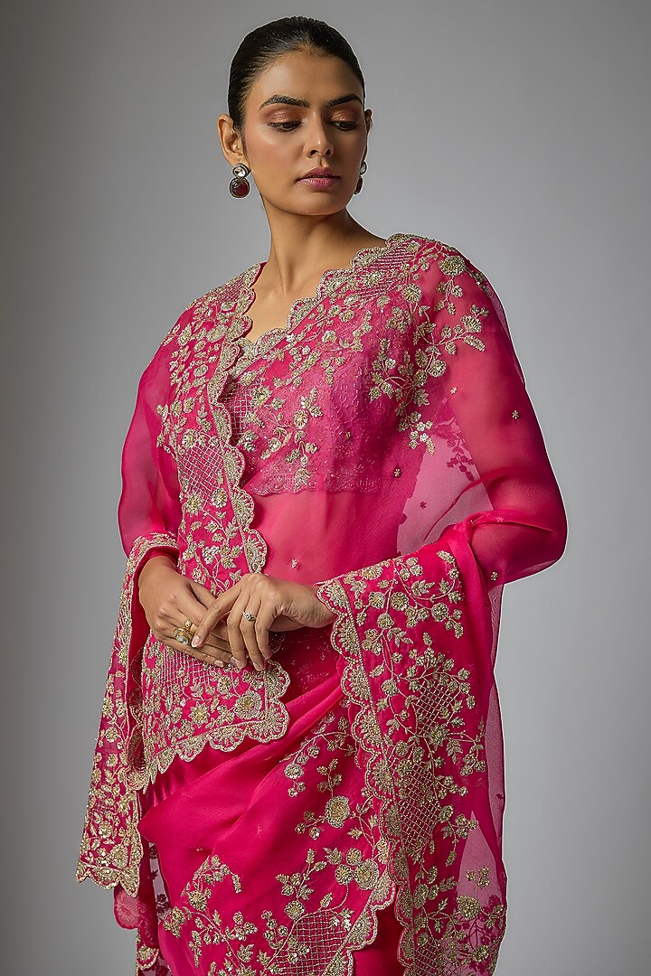 Cherry Red Organza Hand Embroidered Bridal Saree Set by Anushree Reddy at Pernia's Pop Up Shop