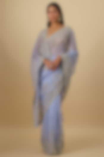 Sky Blue Organza Hand Embroidered Bridal Saree Set by Anushree Reddy at Pernia's Pop Up Shop