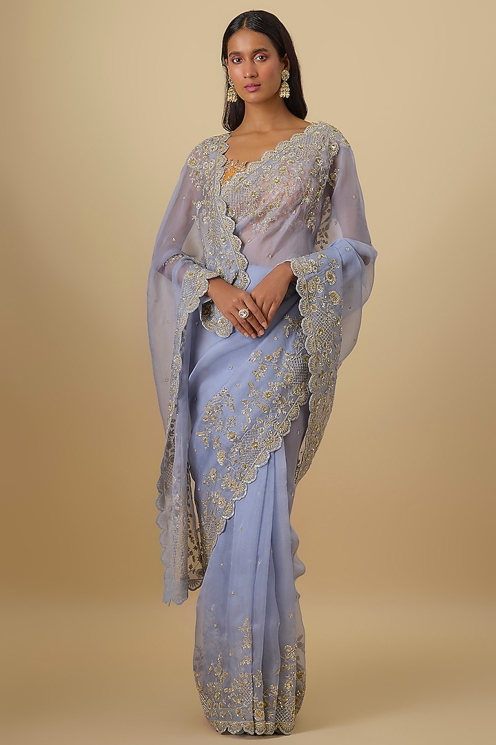 Sky Blue Organza Hand Embroidered Bridal Saree Set by Anushree Reddy at Pernia's Pop Up Shop