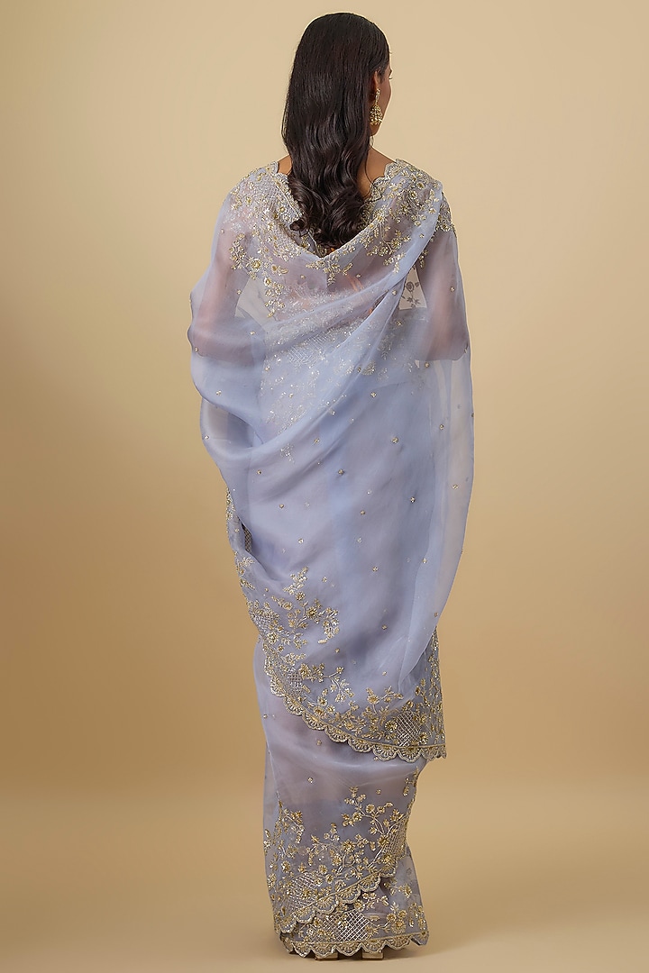 Sky Blue Organza Hand Embroidered Bridal Saree Set by Anushree Reddy at Pernia's Pop Up Shop