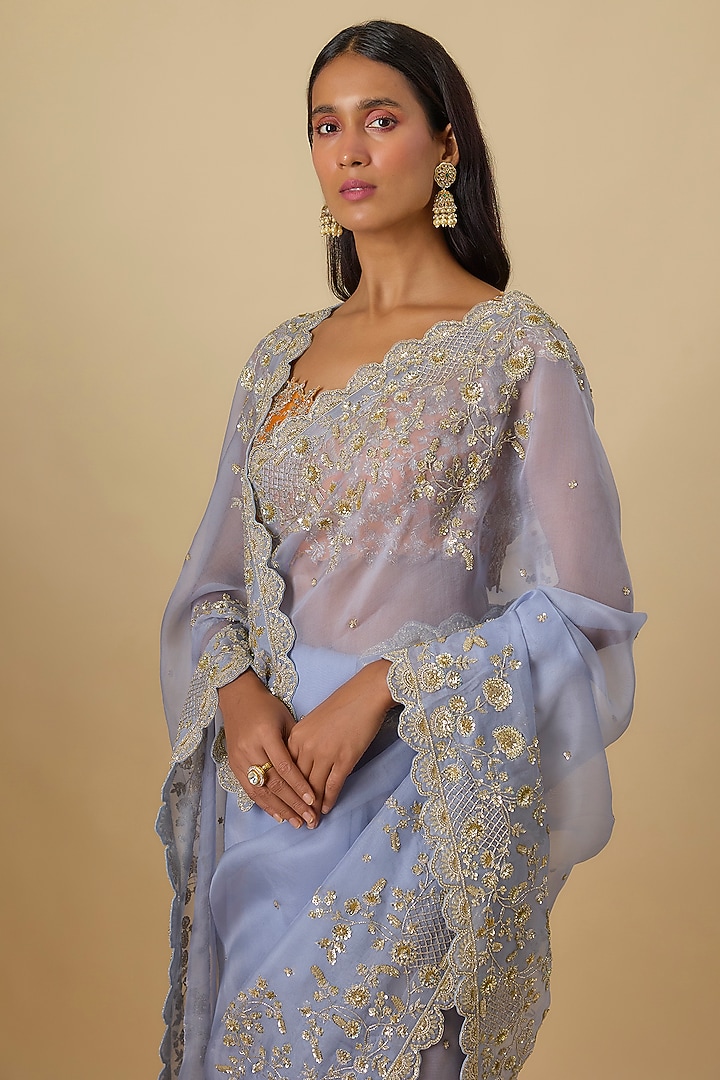 Sky Blue Organza Hand Embroidered Bridal Saree Set by Anushree Reddy at Pernia's Pop Up Shop