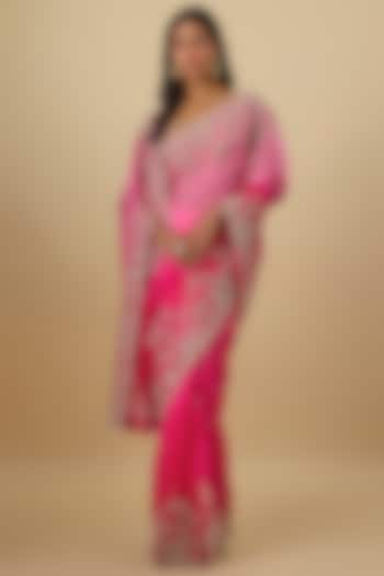 Hot Pink & Pink Ombre Organza Hand Embroidered Bridal Saree Set by Anushree Reddy at Pernia's Pop Up Shop