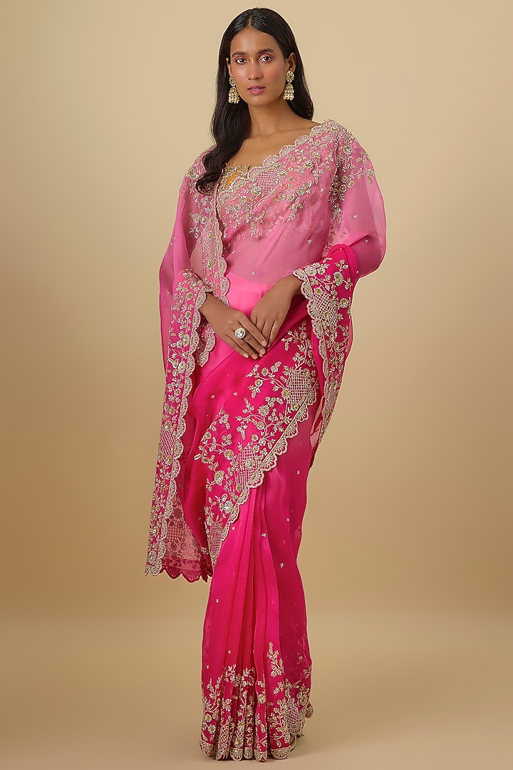 Hot Pink & Pink Ombre Organza Hand Embroidered Bridal Saree Set by Anushree Reddy at Pernia's Pop Up Shop