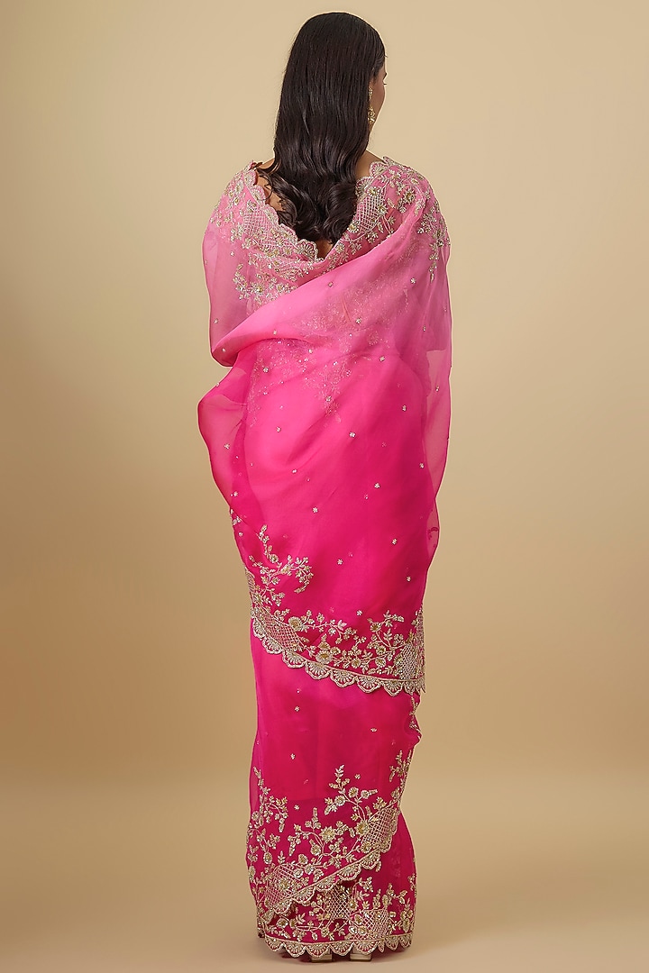 Hot Pink & Pink Ombre Organza Hand Embroidered Bridal Saree Set by Anushree Reddy at Pernia's Pop Up Shop