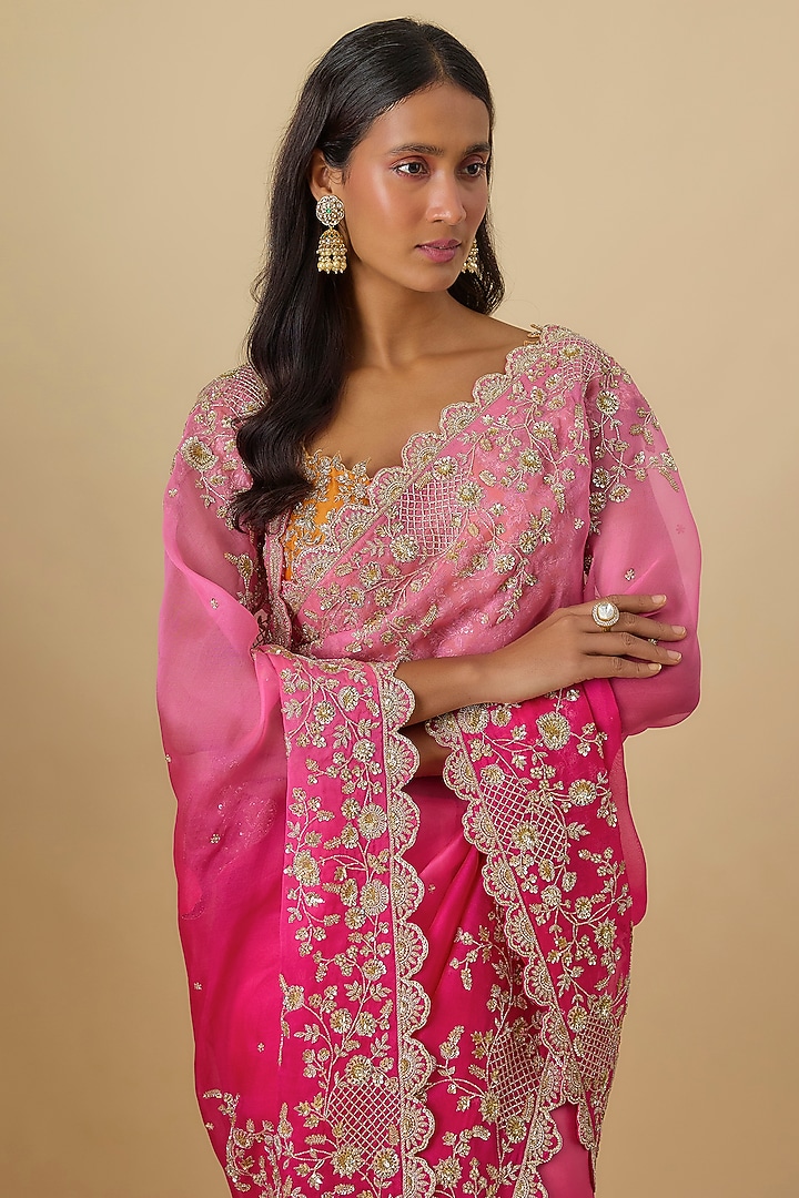 Hot Pink & Pink Ombre Organza Hand Embroidered Bridal Saree Set by Anushree Reddy at Pernia's Pop Up Shop