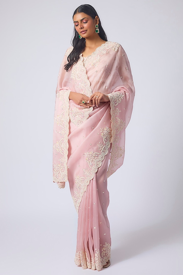 Soft Pink Organza Hand Embroidered Bridal Saree Set by Anushree Reddy at Pernia's Pop Up Shop