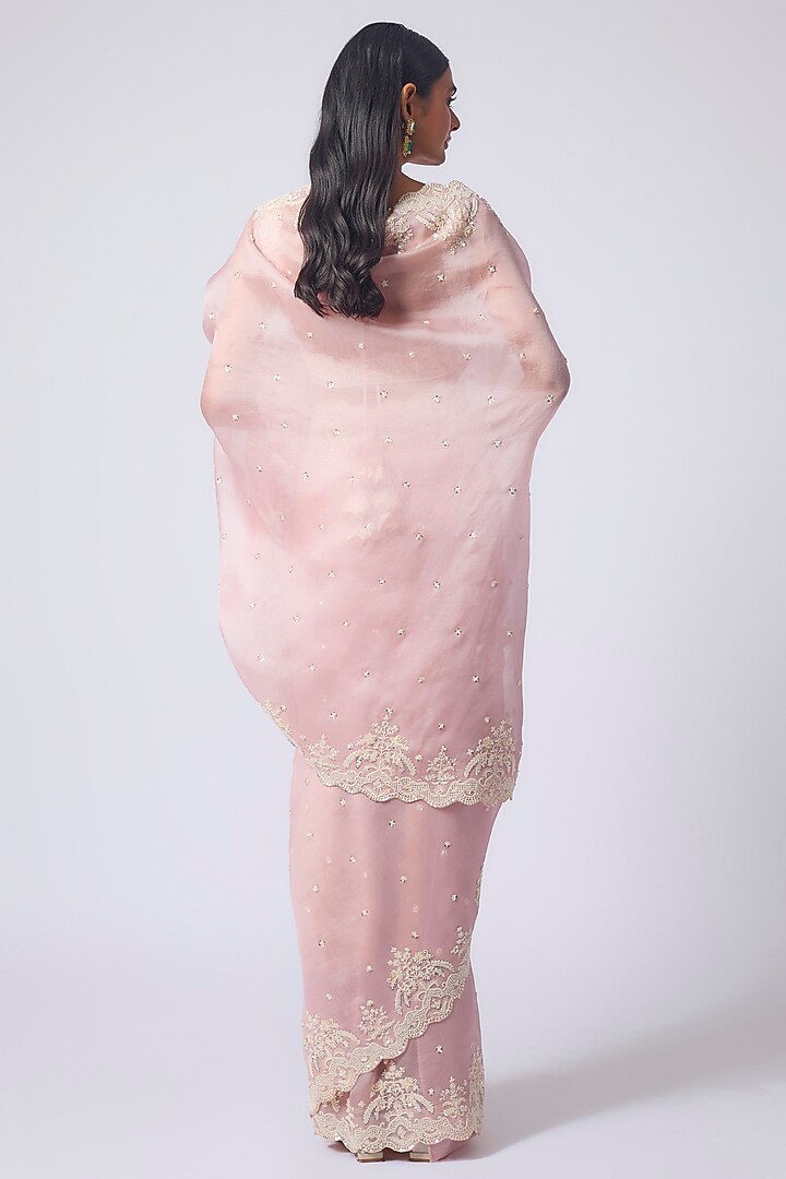 Soft Pink Organza Hand Embroidered Bridal Saree Set by Anushree Reddy at Pernia's Pop Up Shop