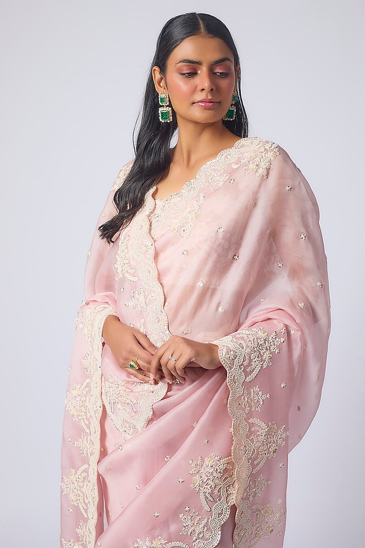 Soft Pink Organza Hand Embroidered Bridal Saree Set by Anushree Reddy at Pernia's Pop Up Shop