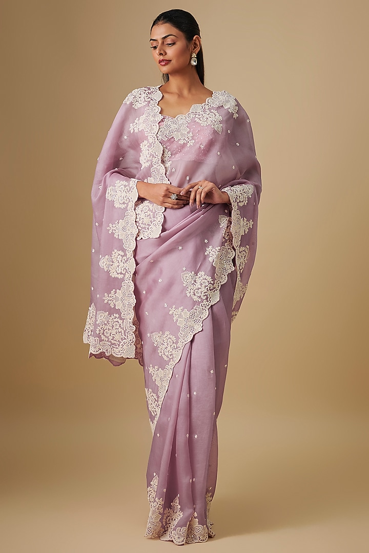 Mauve Organza Hand Embroidered Bridal Saree Set by Anushree Reddy at Pernia's Pop Up Shop