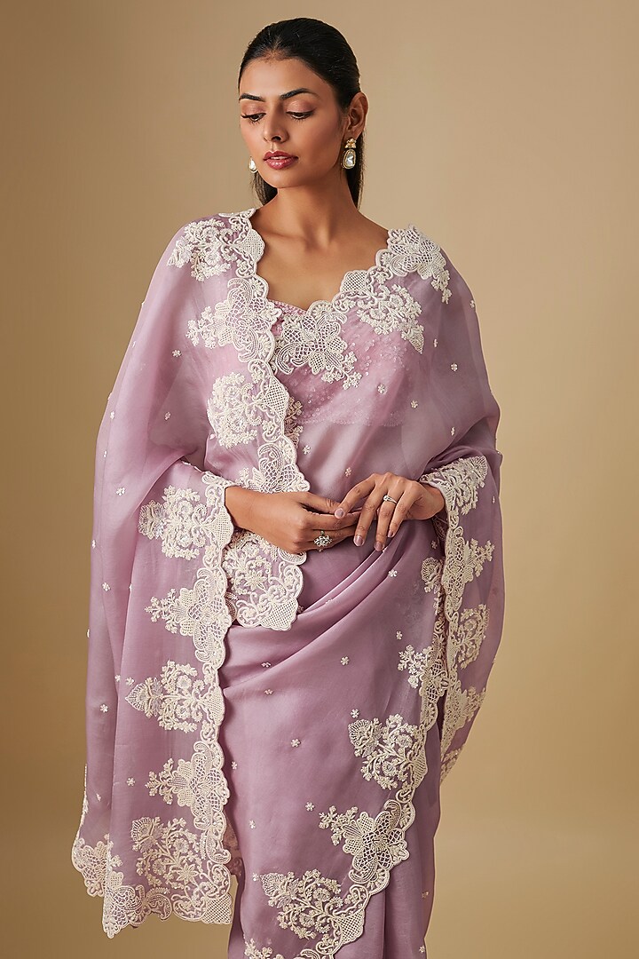 Mauve Organza Hand Embroidered Bridal Saree Set by Anushree Reddy at Pernia's Pop Up Shop