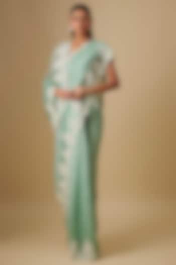 Sea Green Organza Hand Embroidered Bridal Saree Set by Anushree Reddy at Pernia's Pop Up Shop