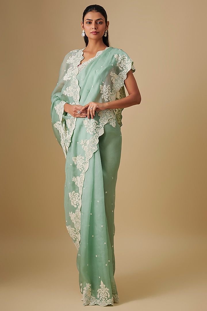 Sea Green Organza Hand Embroidered Bridal Saree Set by Anushree Reddy at Pernia's Pop Up Shop
