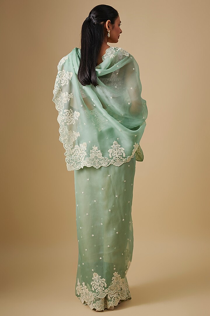 Sea Green Organza Hand Embroidered Bridal Saree Set by Anushree Reddy at Pernia's Pop Up Shop