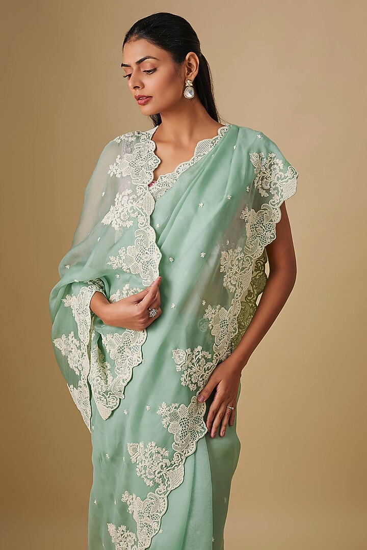 Sea Green Organza Hand Embroidered Bridal Saree Set by Anushree Reddy at Pernia's Pop Up Shop