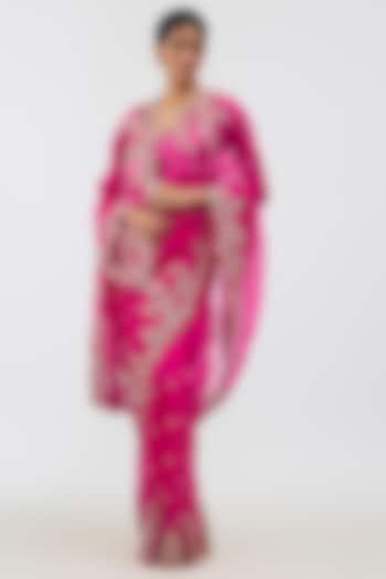 Hot Pink Organza Hand Embroidered Bridal Saree Set by Anushree Reddy at Pernia's Pop Up Shop
