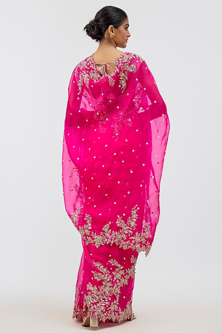 Hot Pink Organza Hand Embroidered Bridal Saree Set by Anushree Reddy at Pernia's Pop Up Shop