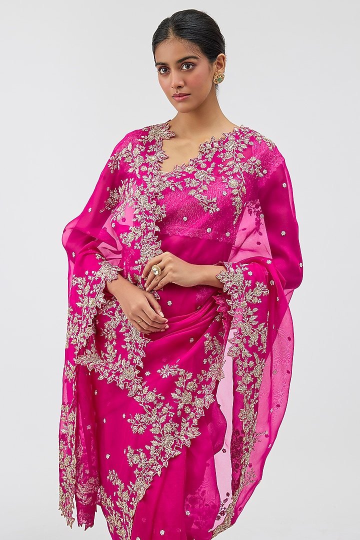 Hot Pink Organza Hand Embroidered Bridal Saree Set by Anushree Reddy at Pernia's Pop Up Shop