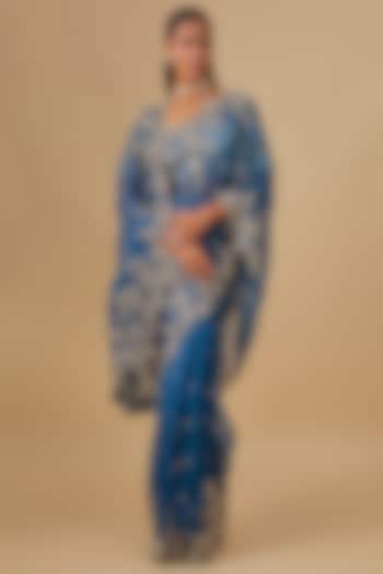 Navy Blue Organza Hand Embroidered Bridal Saree Set by Anushree Reddy at Pernia's Pop Up Shop