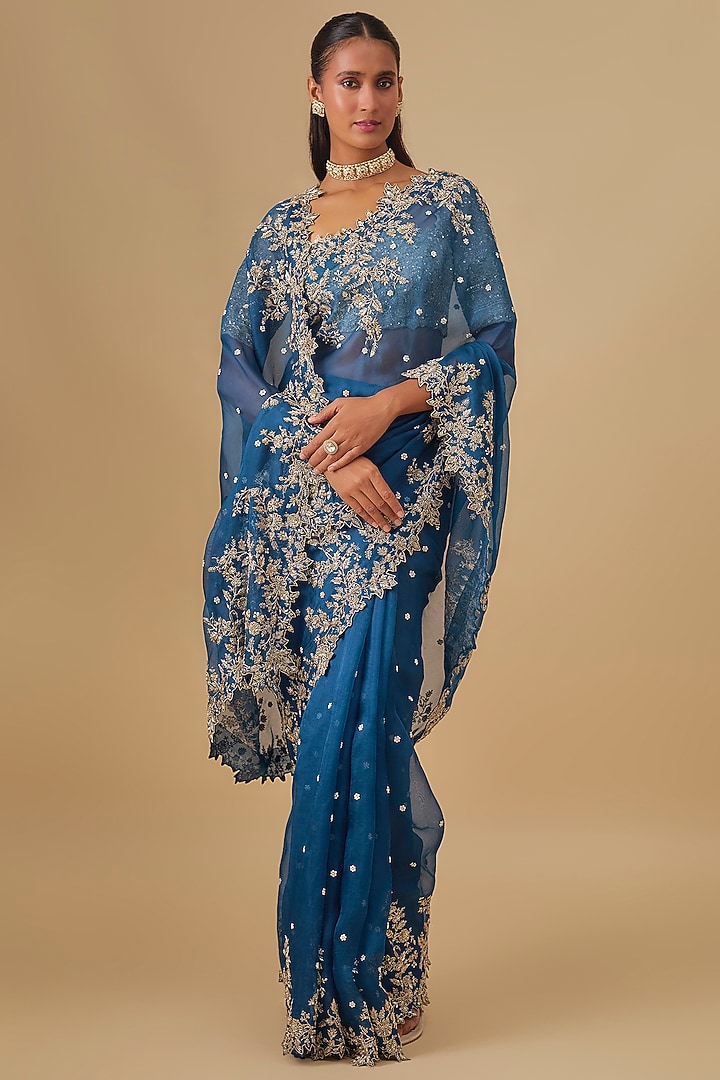 Navy Blue Organza Hand Embroidered Bridal Saree Set by Anushree Reddy at Pernia's Pop Up Shop