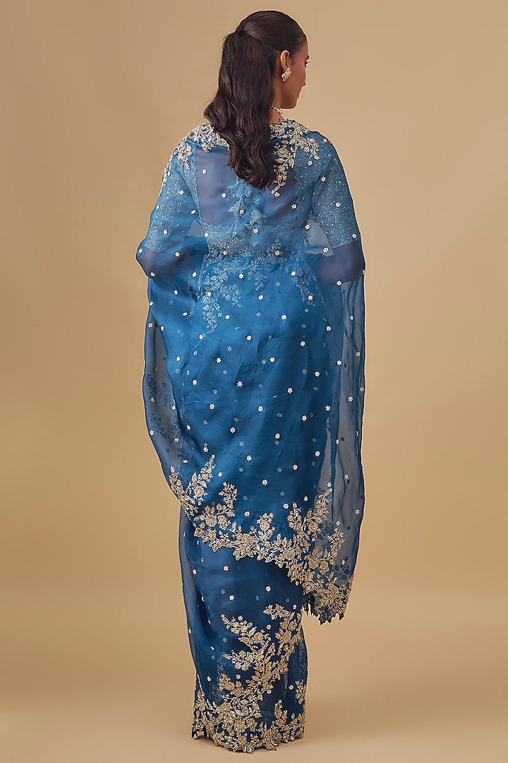 Navy Blue Organza Hand Embroidered Bridal Saree Set by Anushree Reddy at Pernia's Pop Up Shop