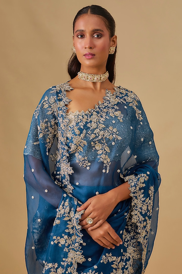 Navy Blue Organza Hand Embroidered Bridal Saree Set by Anushree Reddy at Pernia's Pop Up Shop
