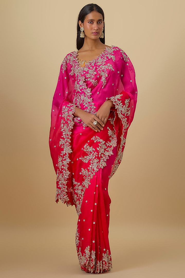 Pink & Red Ombre Organza Hand Embroidered Bridal Saree Set by Anushree Reddy at Pernia's Pop Up Shop