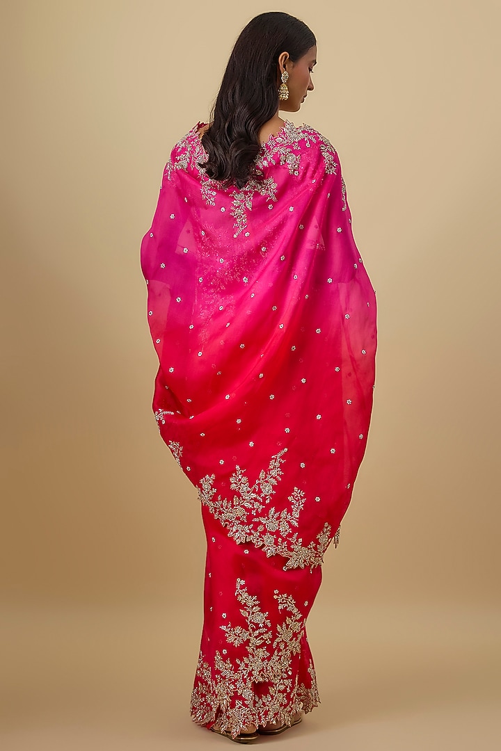 Pink & Red Ombre Organza Hand Embroidered Bridal Saree Set by Anushree Reddy at Pernia's Pop Up Shop