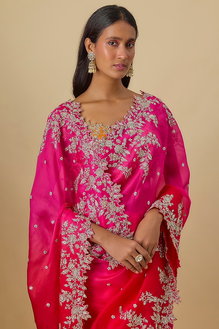 Pink & Red Ombre Organza Hand Embroidered Bridal Saree Set by Anushree Reddy at Pernia's Pop Up Shop