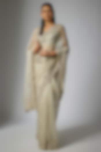 Ivory Organza Hand Embroidered Bridal Saree Set by Anushree Reddy at Pernia's Pop Up Shop