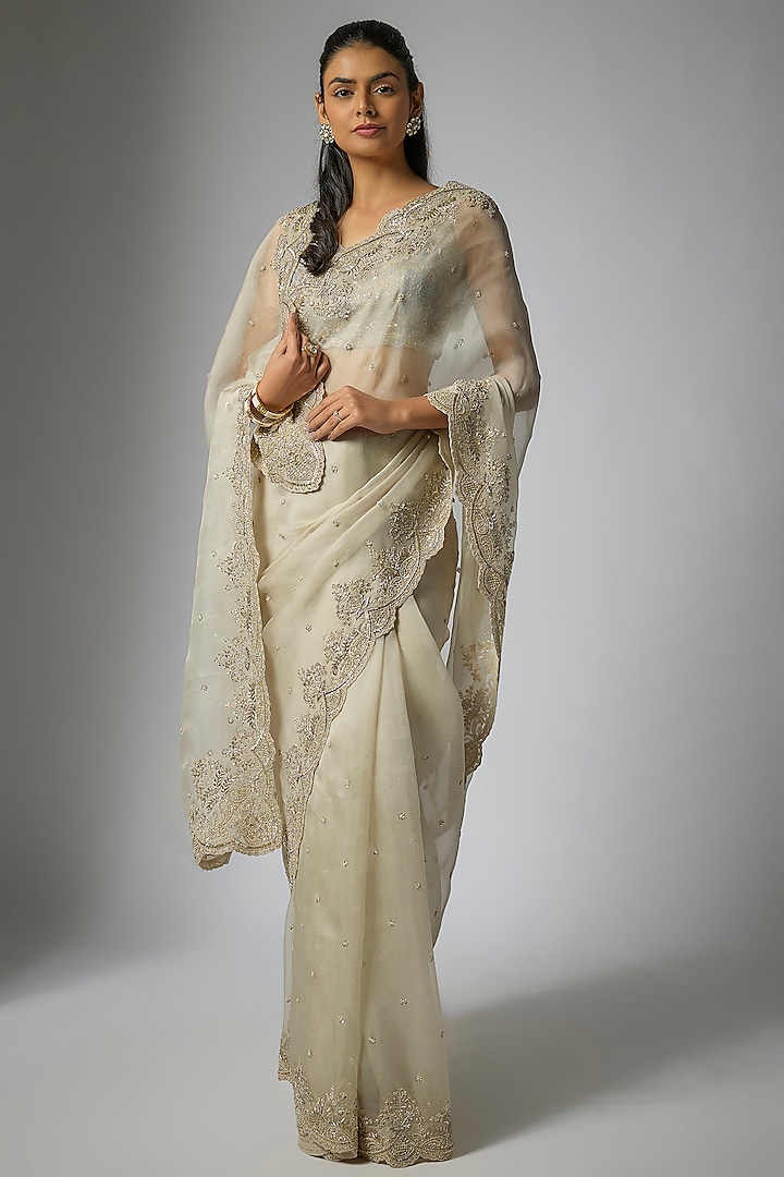 Ivory Organza Hand Embroidered Bridal Saree Set by Anushree Reddy at Pernia's Pop Up Shop
