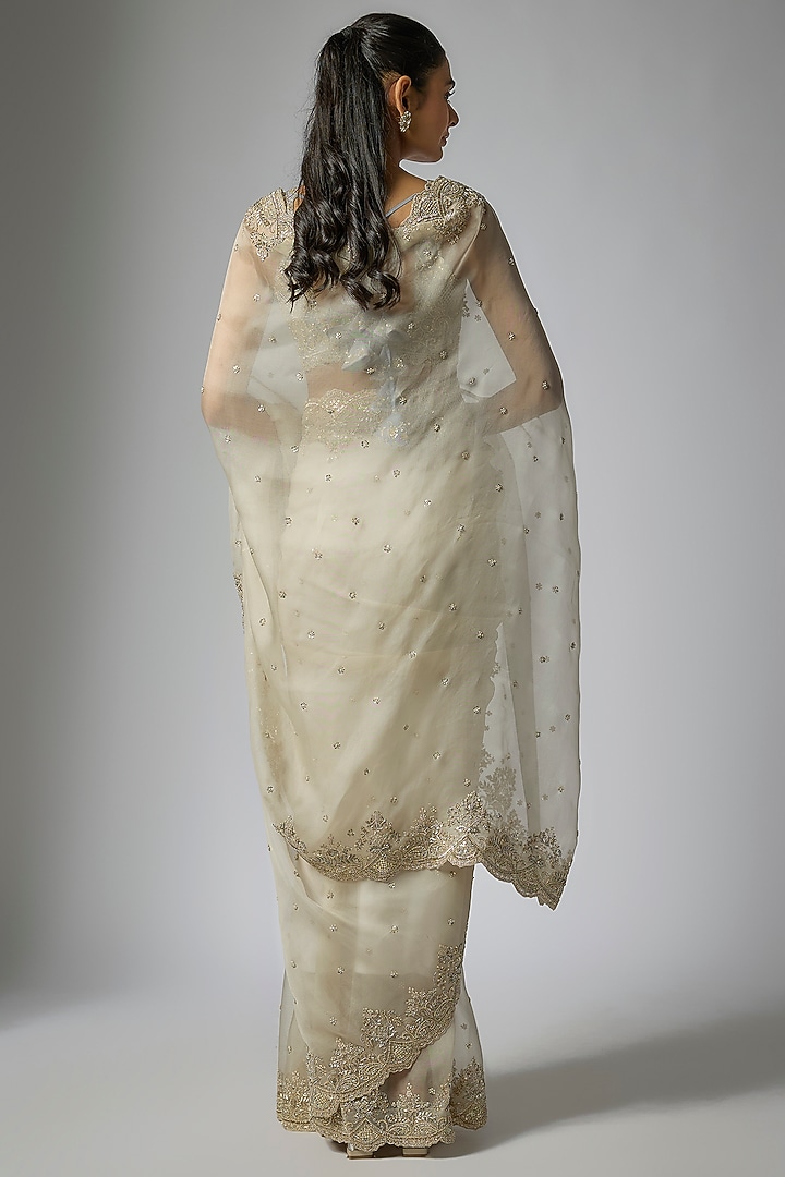 Ivory Organza Hand Embroidered Bridal Saree Set by Anushree Reddy at Pernia's Pop Up Shop